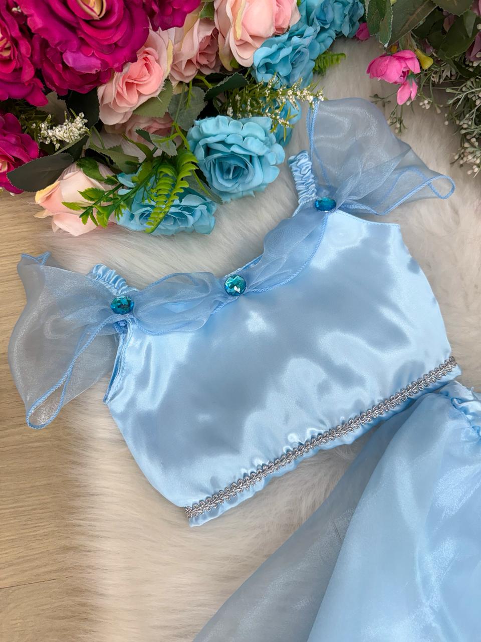 Fantasia Princesa Azul Bebê em Tecido Cetim 100% Poliéster