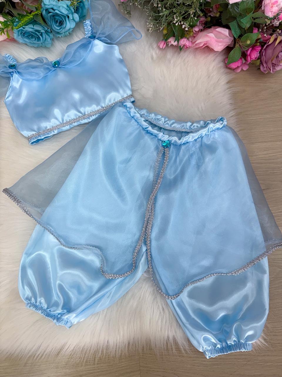 Fantasia Princesa Azul Bebê em Tecido Cetim 100% Poliéster