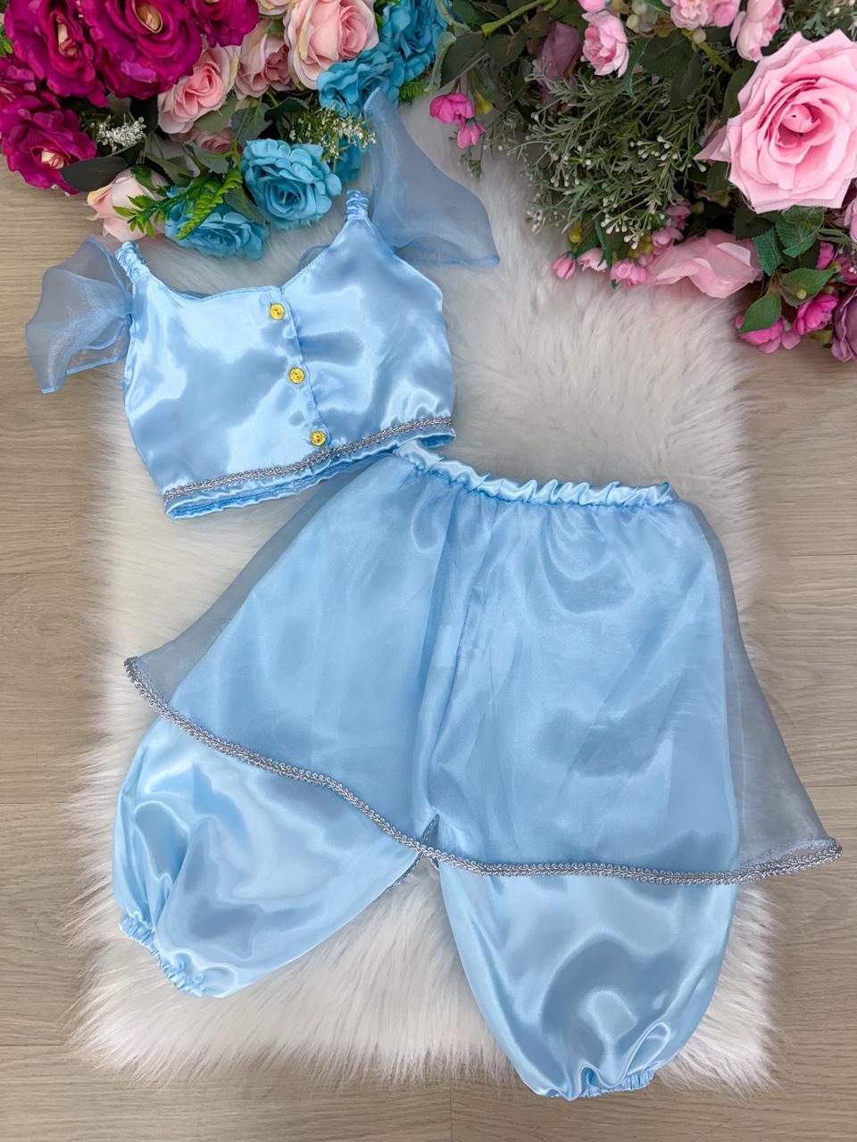 Fantasia Princesa Azul Bebê em Tecido Cetim 100% Poliéster