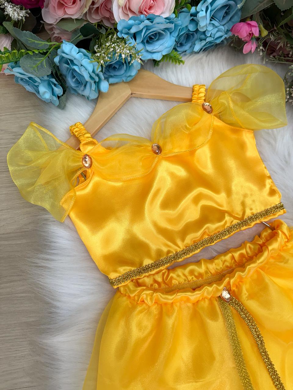 Fantasia Amarela Princesa Jasmine em Tecido Cetim 100% Poliéster