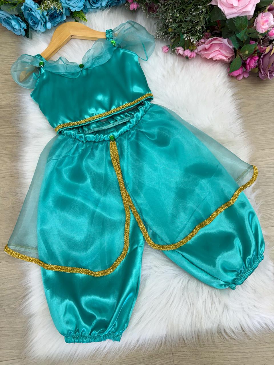 Fantasia Princesa Verde Tiffany em Tecido Cetim 100% Poliéster