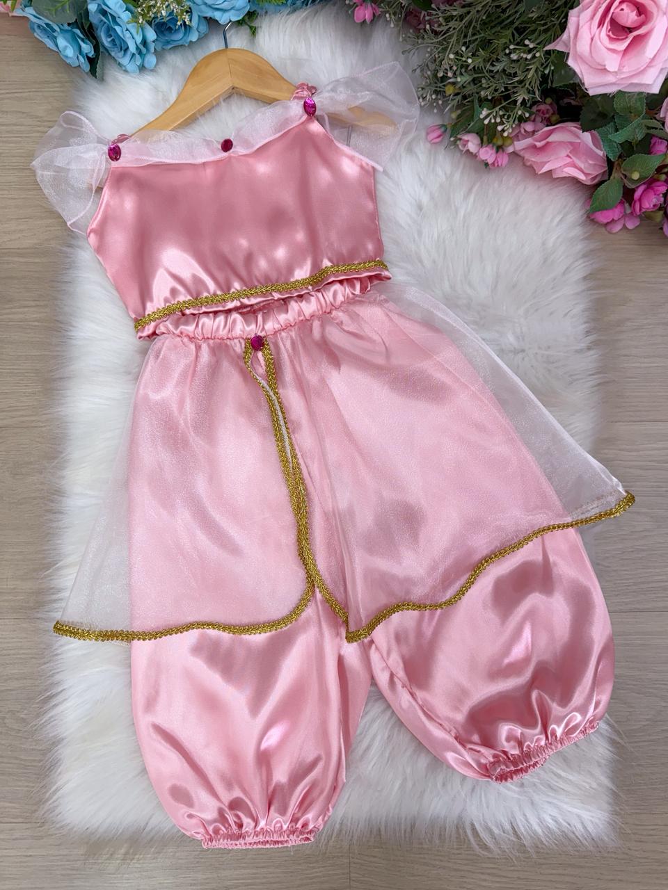 Fantasia Princesa Rosa em Tecido Cetim 100% Poliéster