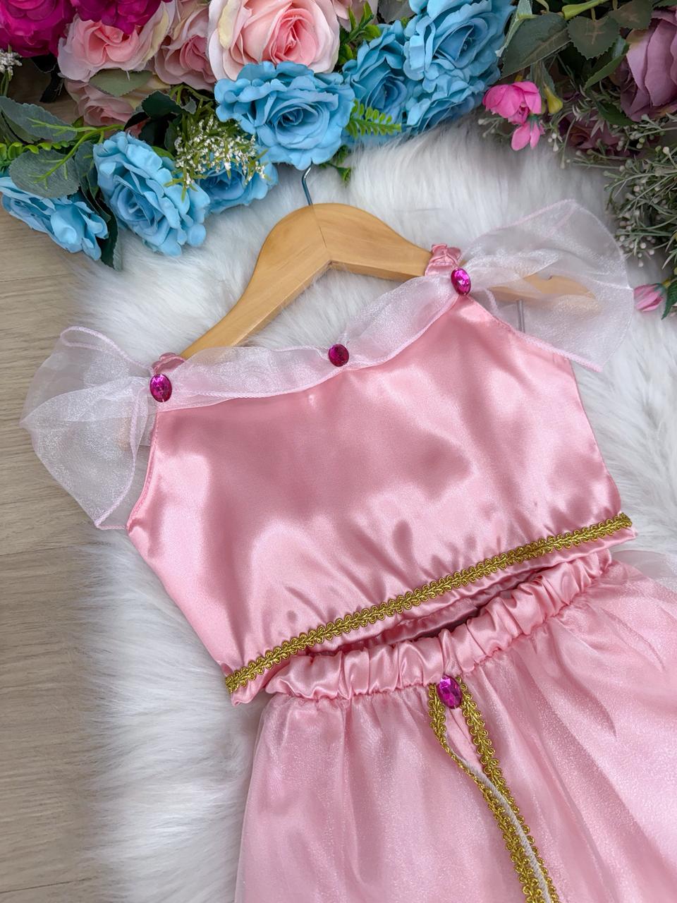 Fantasia Princesa Rosa em Tecido Cetim 100% Poliéster