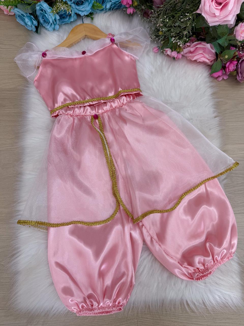 Fantasia Princesa Rosa em Tecido Cetim 100% Poliéster