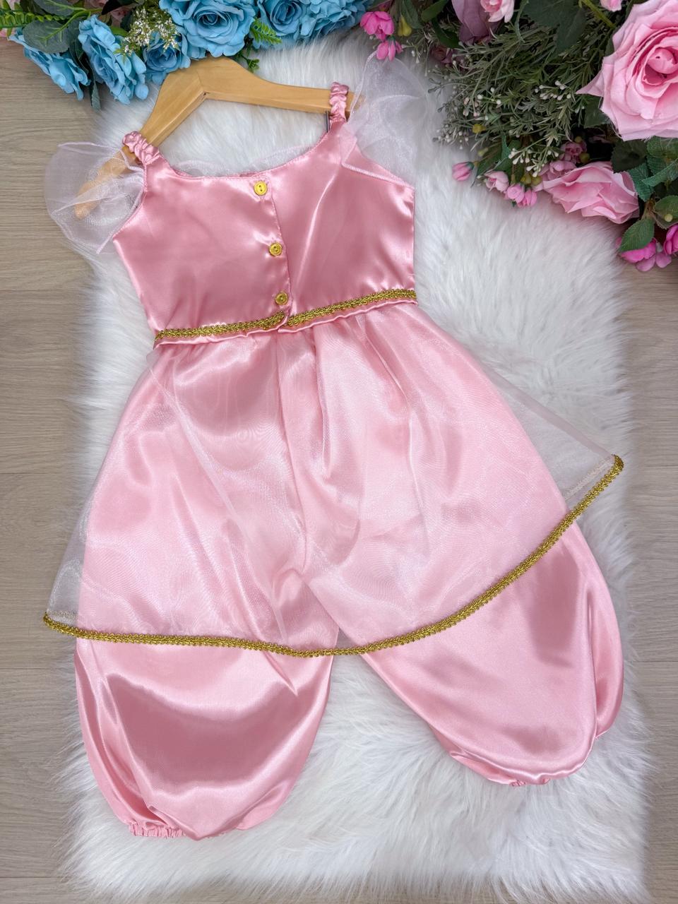 Fantasia Princesa Rosa em Tecido Cetim 100% Poliéster