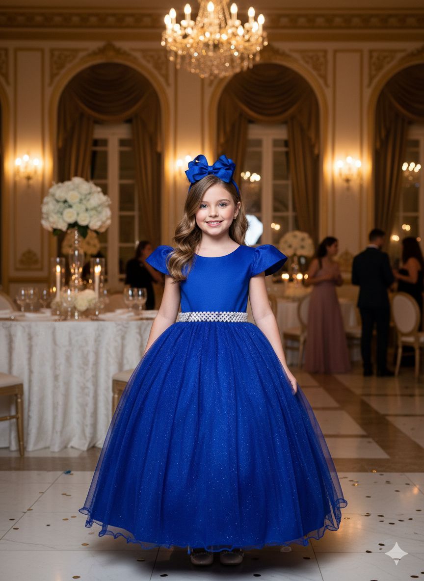 Vestido Heloísa Azul Royal em Tule com Brilho Suave para Daminhas