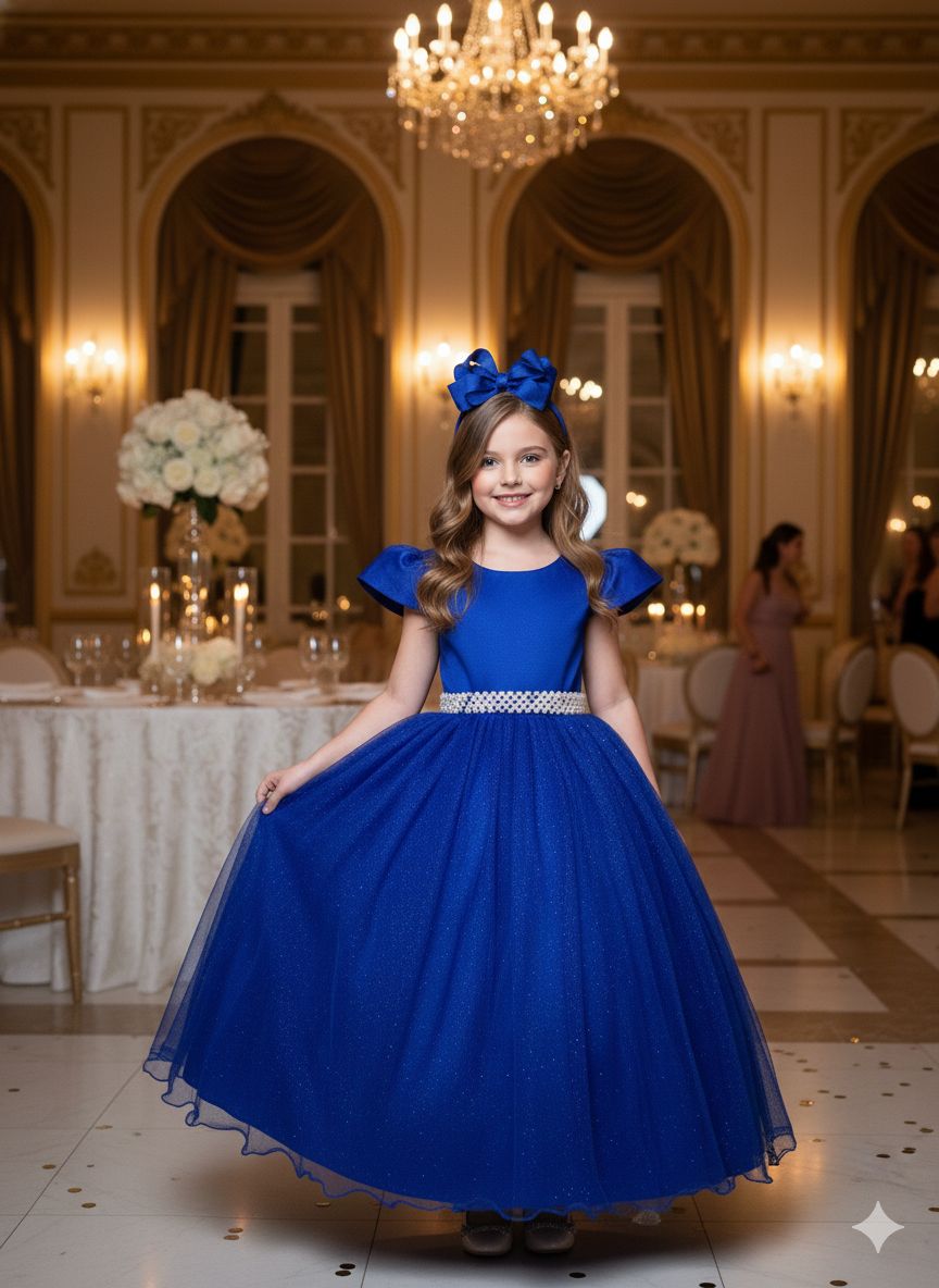 Vestido Heloísa Azul Royal em Tule com Brilho Suave para Daminhas