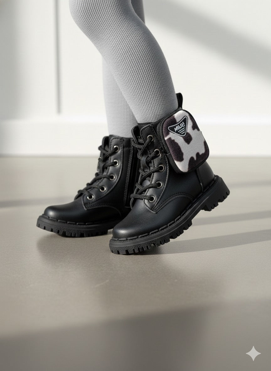 Bota Infantil Coturno Preto em Material Sintético com Estampa Animal Print