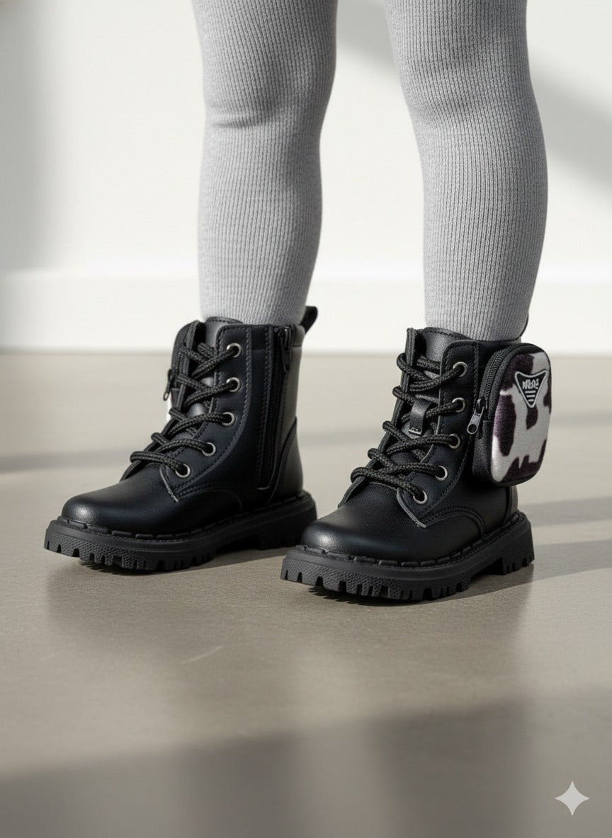 Bota Infantil Coturno Preto em Material Sintético com Estampa Animal Print