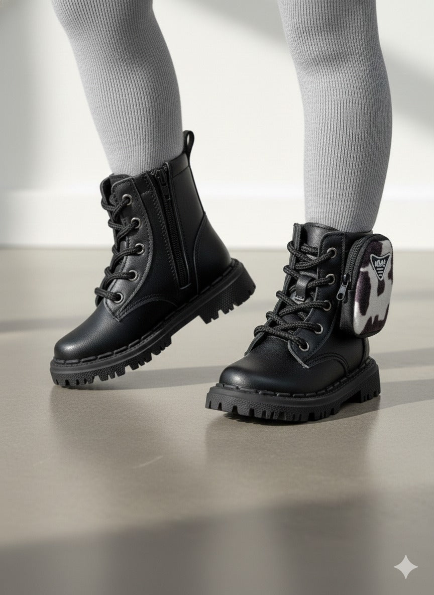 Bota Infantil Coturno Preto em Material Sintético com Estampa Animal Print