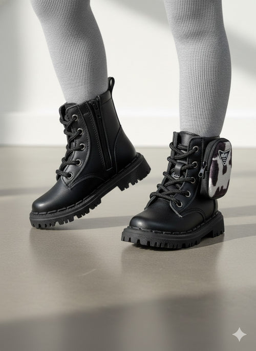 Bota Infantil Coturno Preto em Material Sintético com Estampa Animal Print