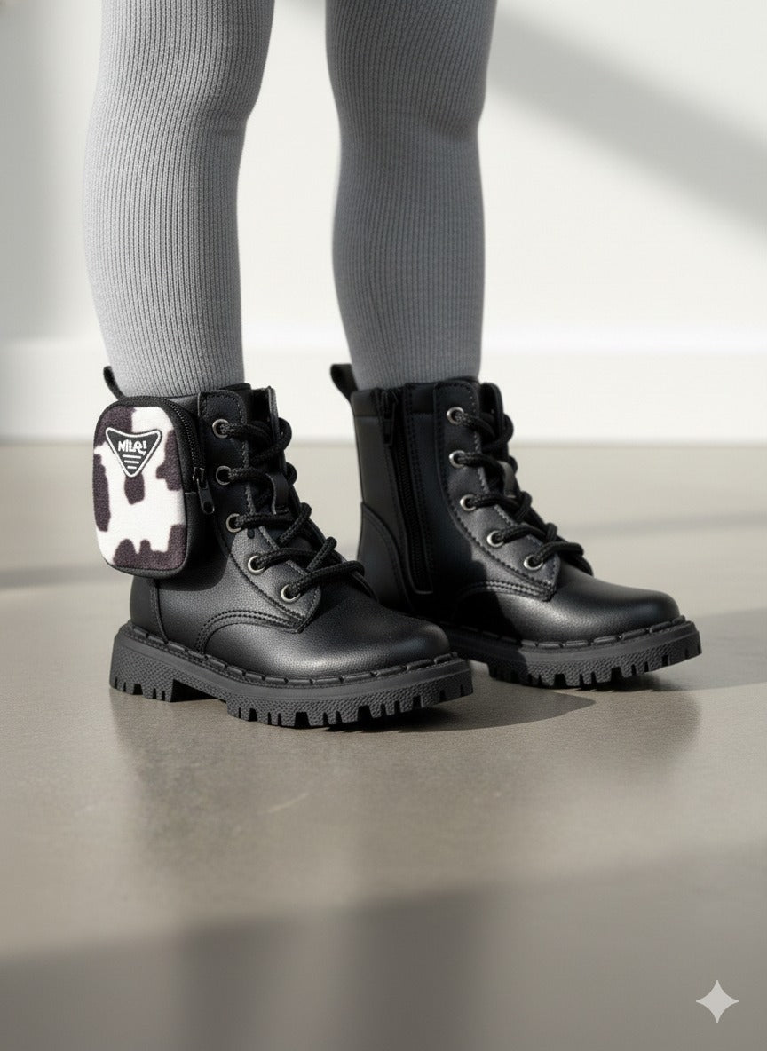 Bota Infantil Coturno Preto em Material Sintético com Estampa Animal Print