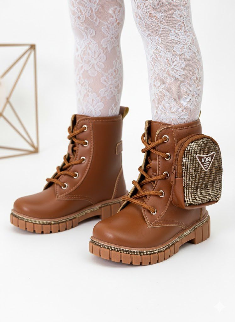 Bota Coturno Marrom Caramelo com Bolsinha Removível para Meninas