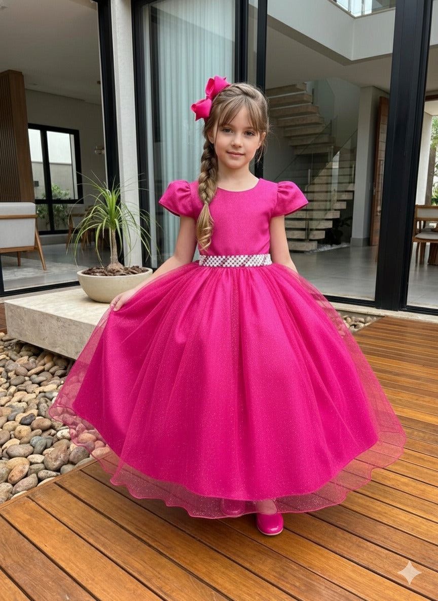 Vestido Heloísa Rosa em Tule com Brilho para Festas Infantis