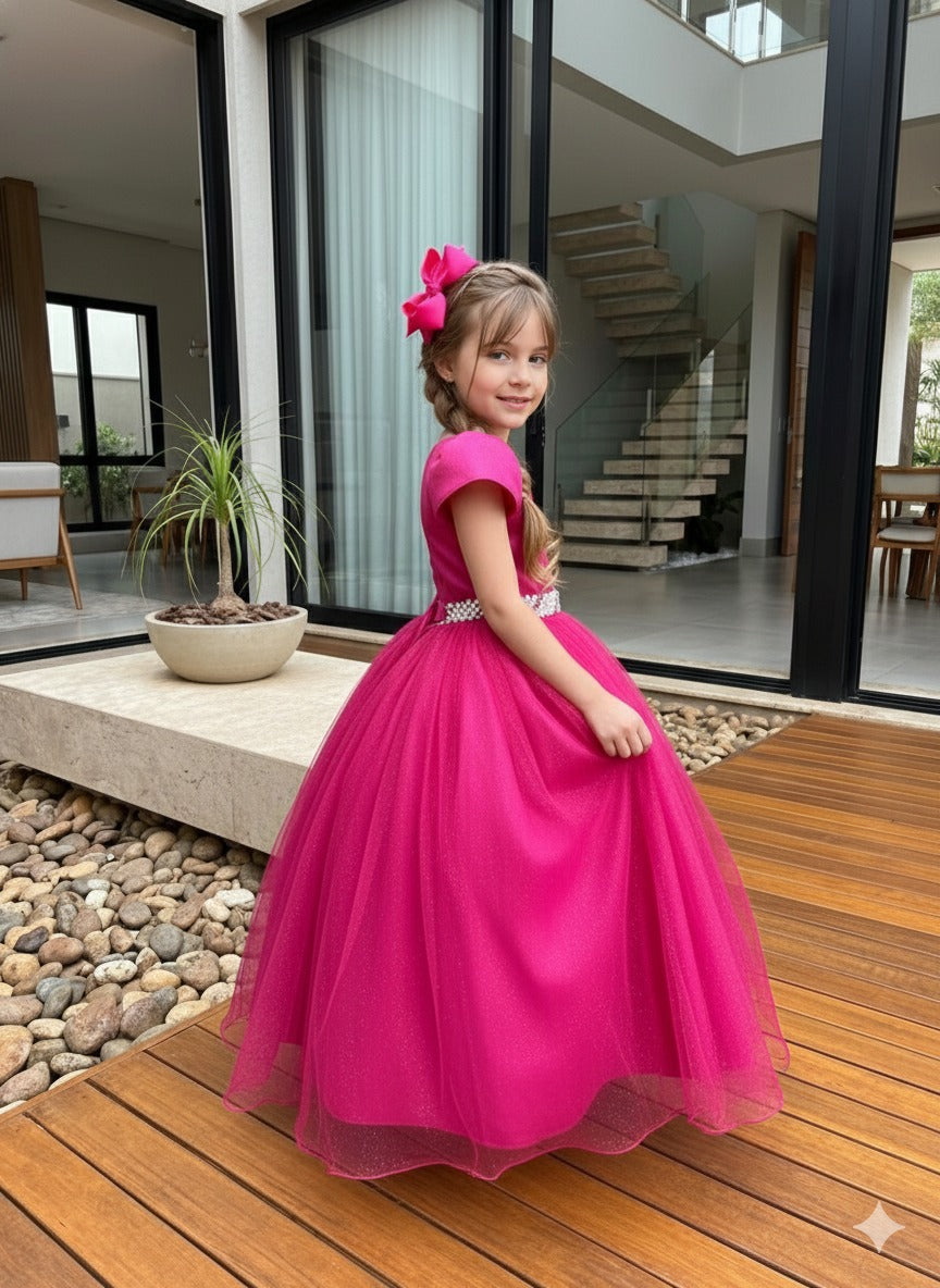 Vestido Heloísa Rosa em Tule com Brilho para Festas Infantis