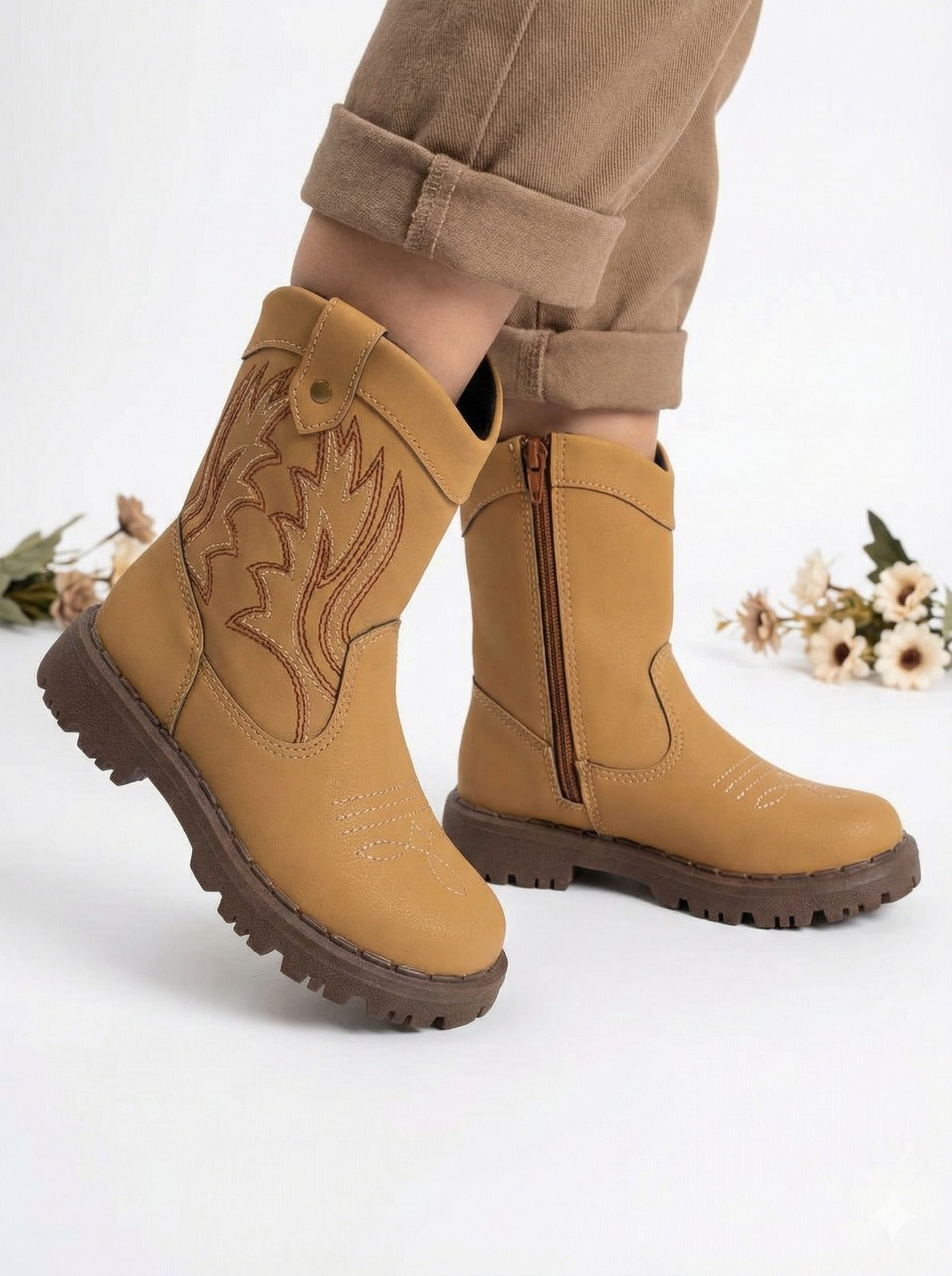 Bota Infantil Texana Mostarda em Material Sintético com Zíper Lateral
