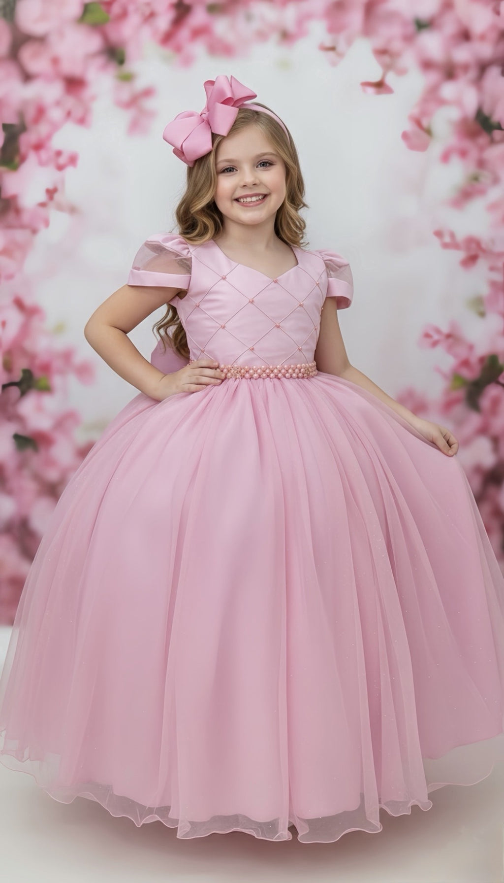 Vestido Luxuoso Infantil Longo Rose com Busto Nervura e Pérolas