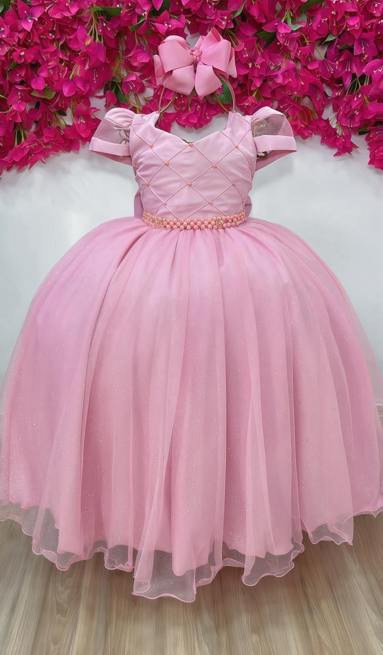 Vestido Luxuoso Infantil Longo Rose com Busto Nervura e Pérolas