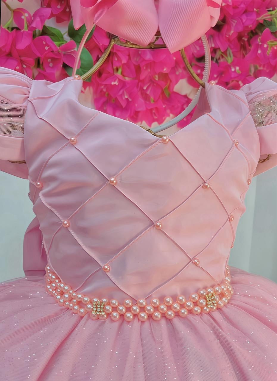 Vestido Luxuoso Infantil Longo Rose com Busto Nervura e Pérolas