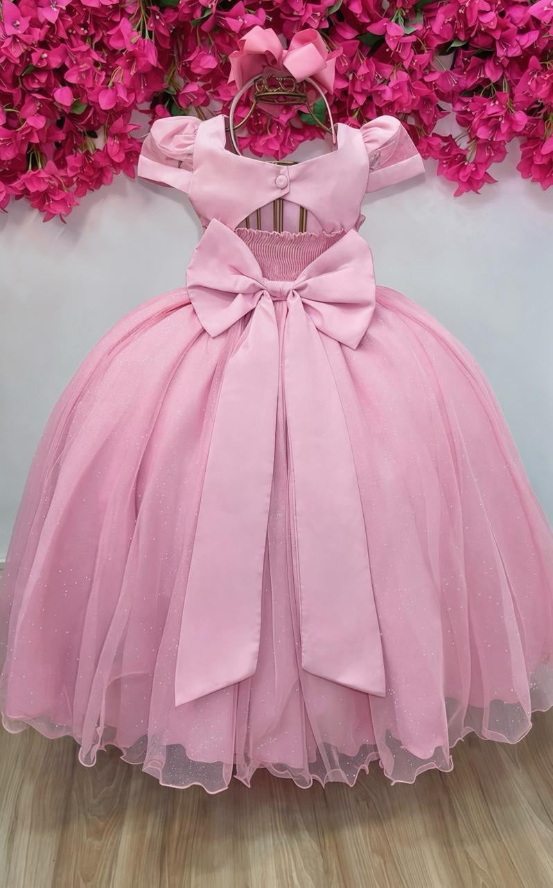 Vestido Luxuoso Infantil Longo Rose com Busto Nervura e Pérolas