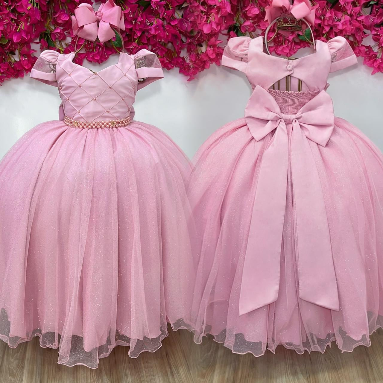 Vestido Luxuoso Infantil Longo Rose com Busto Nervura e Pérolas