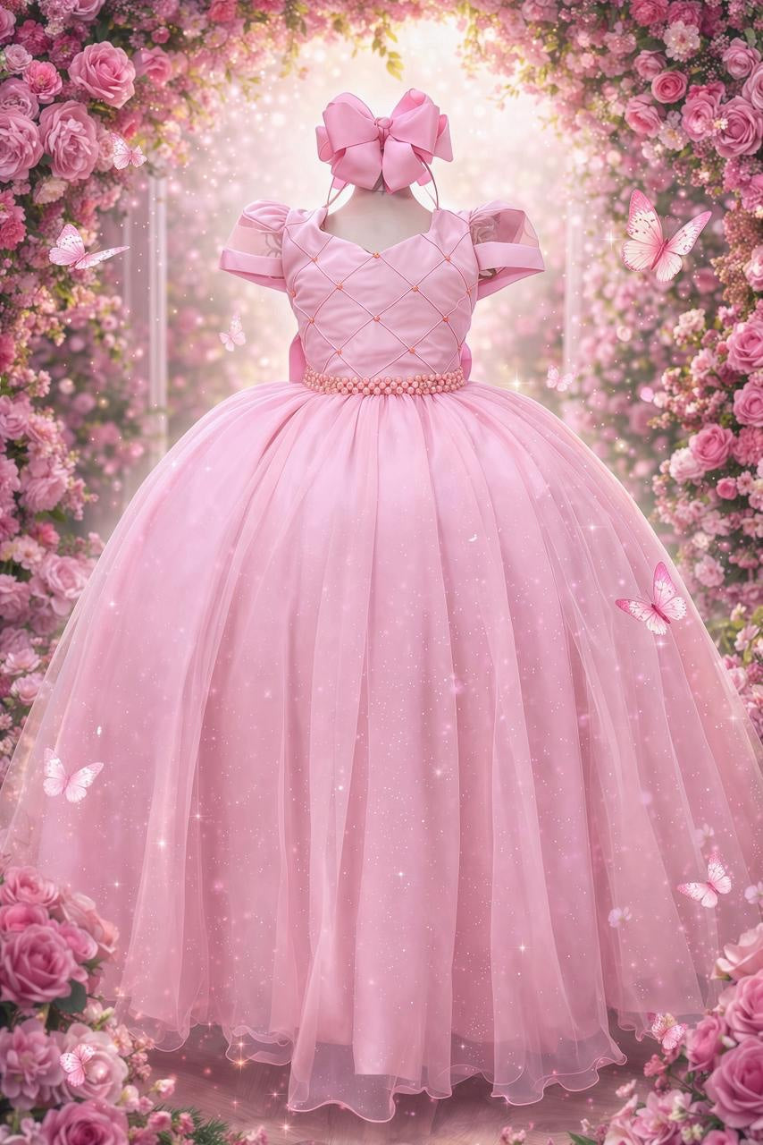Vestido Luxuoso Infantil Longo Rose com Busto Nervura e Pérolas