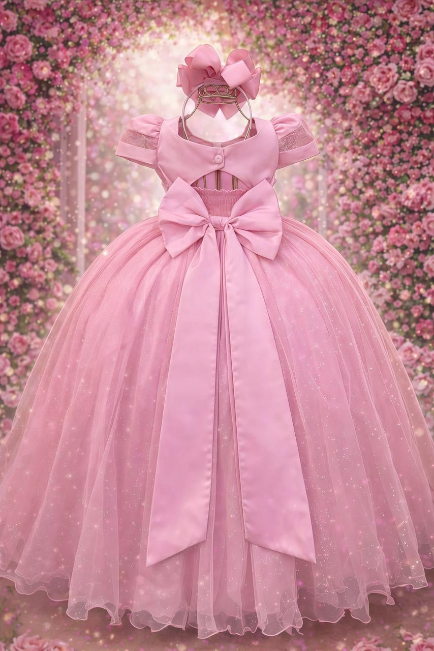 Vestido Luxuoso Infantil Longo Rose com Busto Nervura e Pérolas