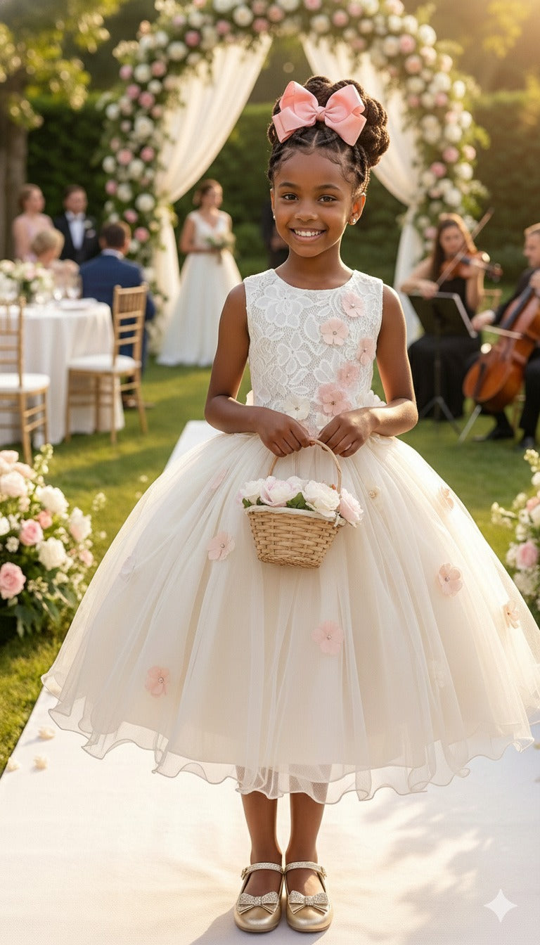Vestido Infantil Off com Flores em Tecido de Poliéster