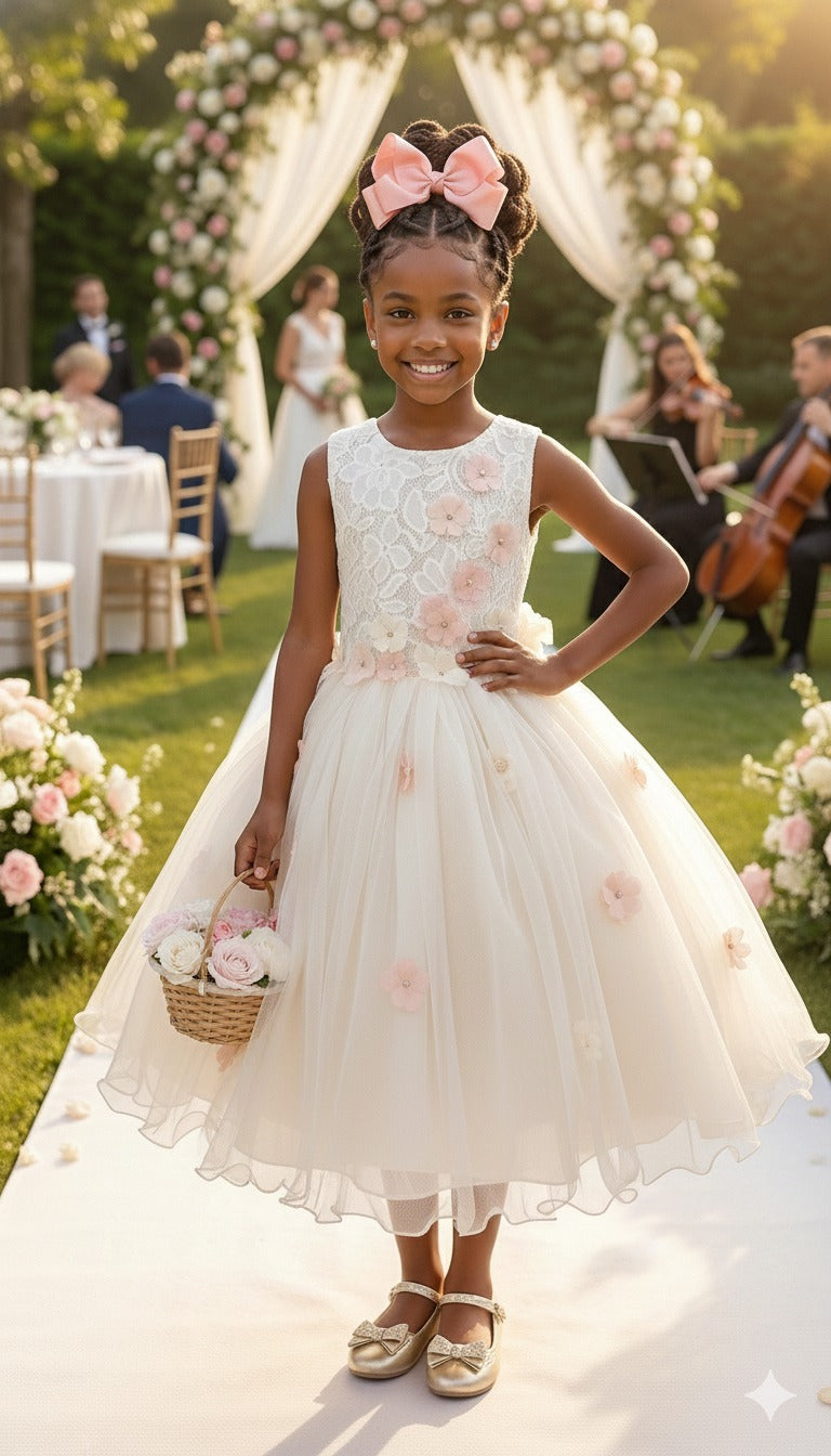 Vestido Infantil Off com Flores em Tecido de Poliéster
