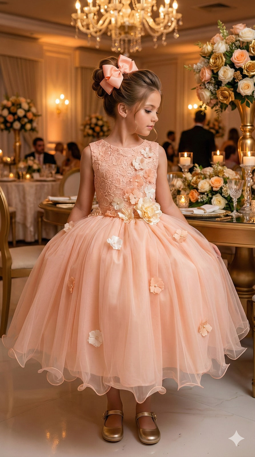 Vestido Infantil de Tule com Laço e Gola Redonda em Pêssego