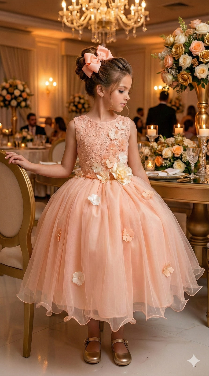 Vestido Infantil de Tule com Laço e Gola Redonda em Pêssego