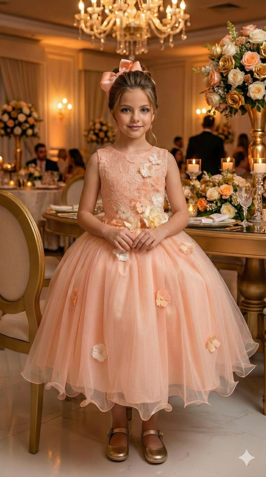 Vestido Infantil de Tule com Laço e Gola Redonda em Pêssego