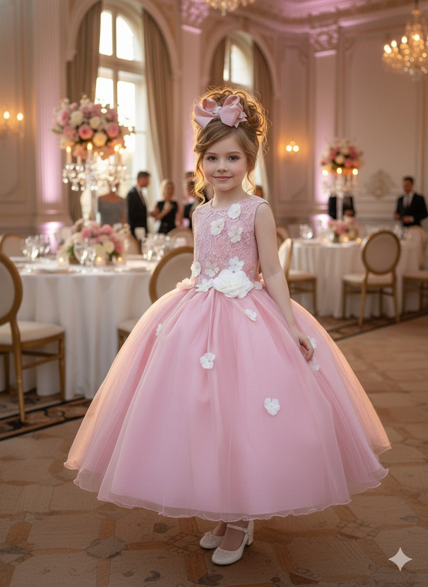 Vestido Juvenil Flores em Tecido de Poliester Rosa