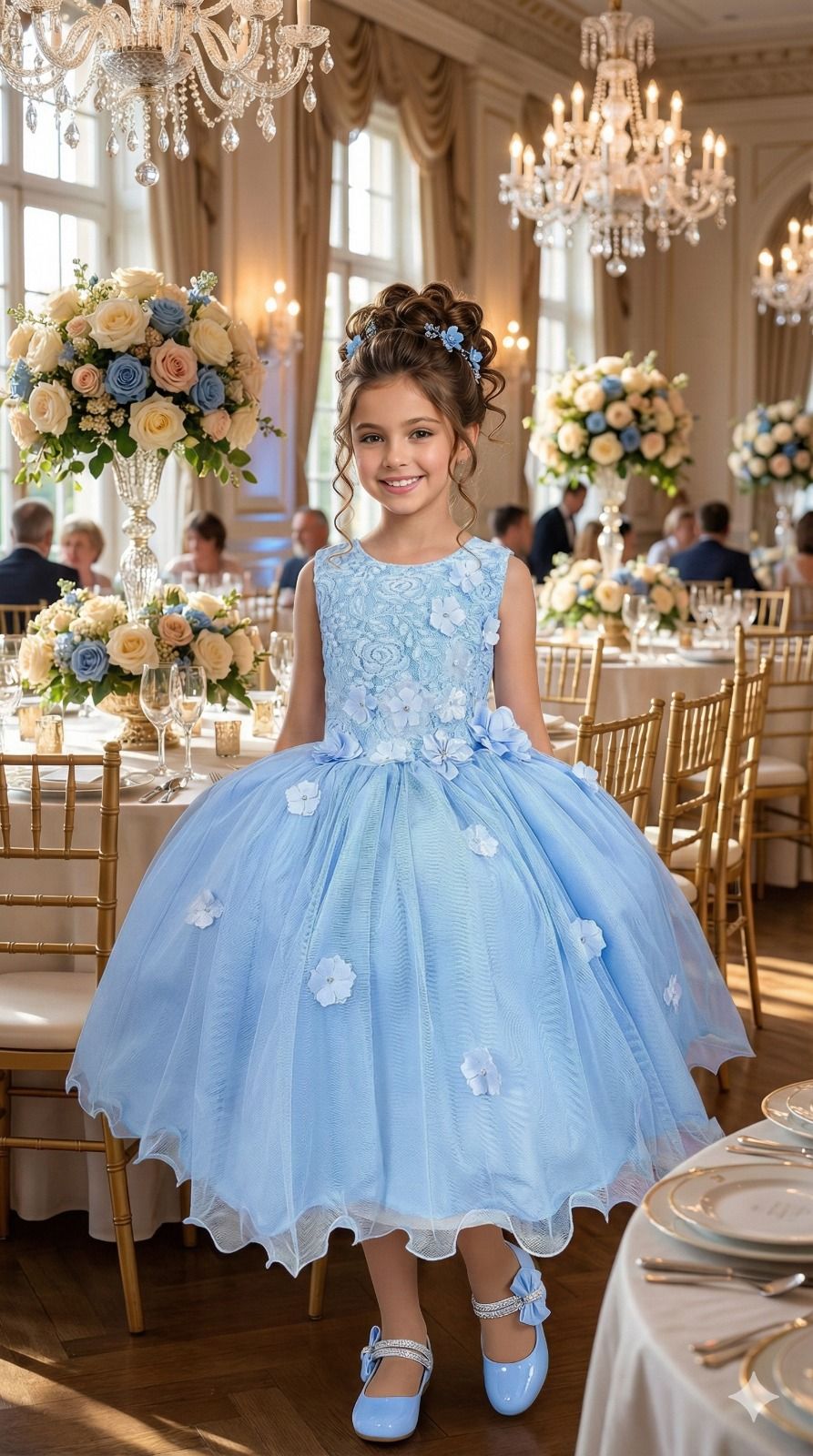 Vestido Infantil Azul Bebê em Tecido de Poliéster com Flores