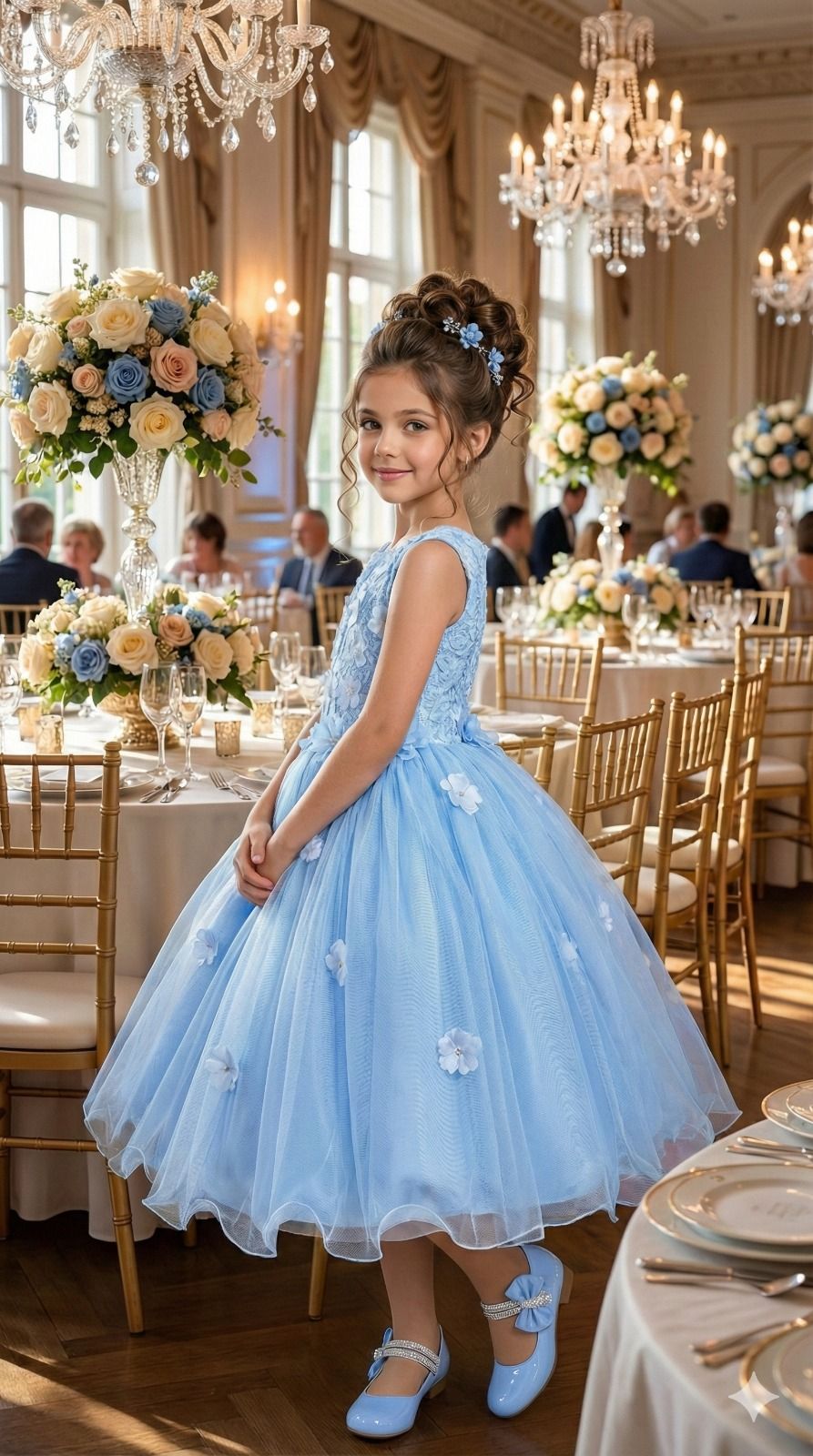 Vestido Infantil Azul Bebê em Tecido de Poliéster com Flores