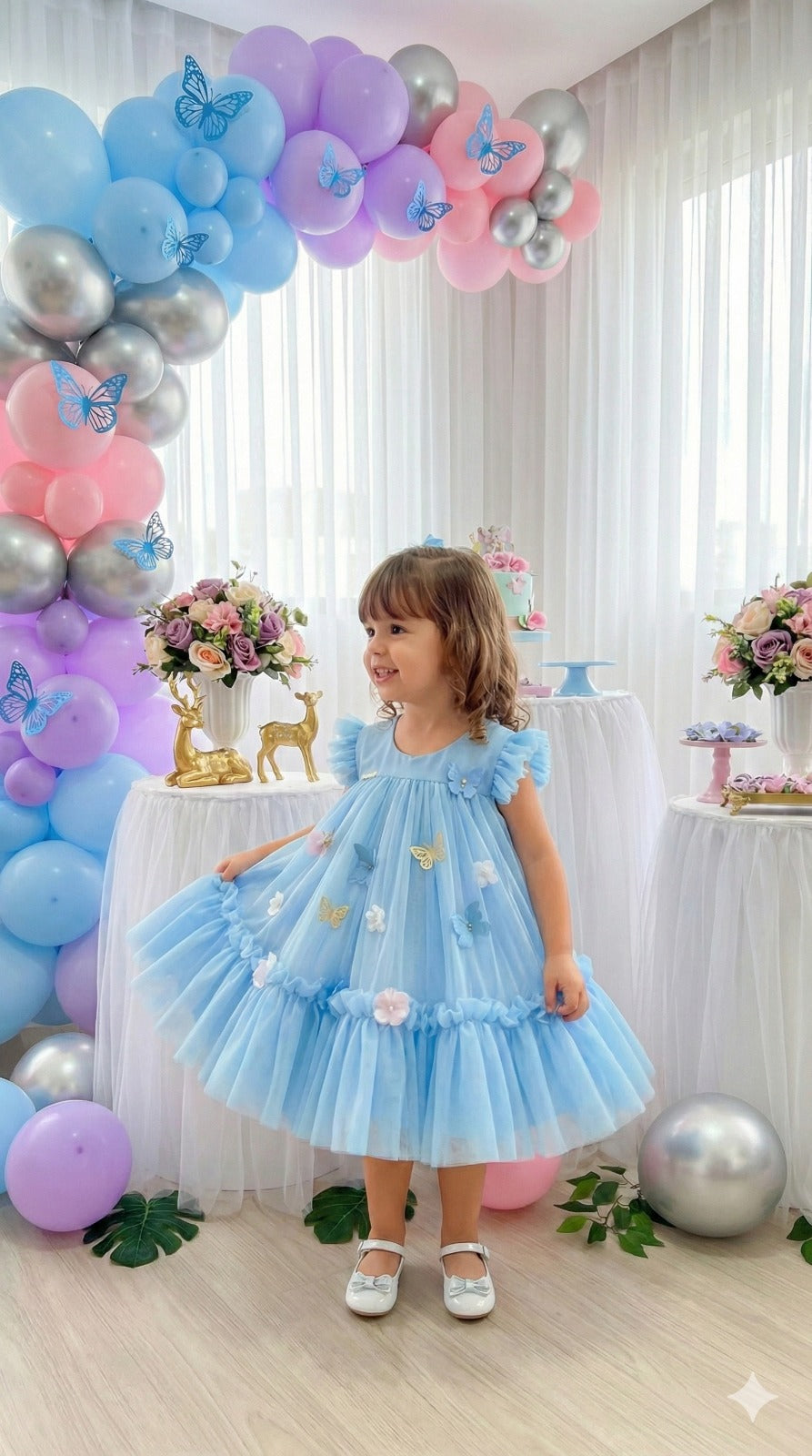 Vestido Vila Lele Jardim das Borboletas Baby Liz Azul Bebe