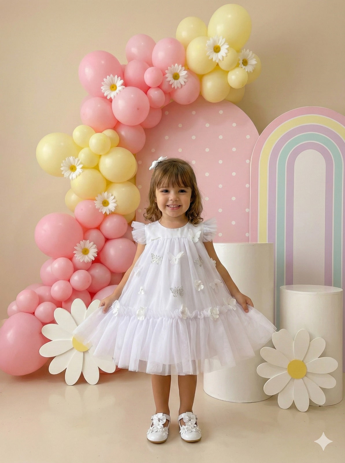 Vestido Infantil Luxo Jardim Encantado Branco em Tule para Bebê