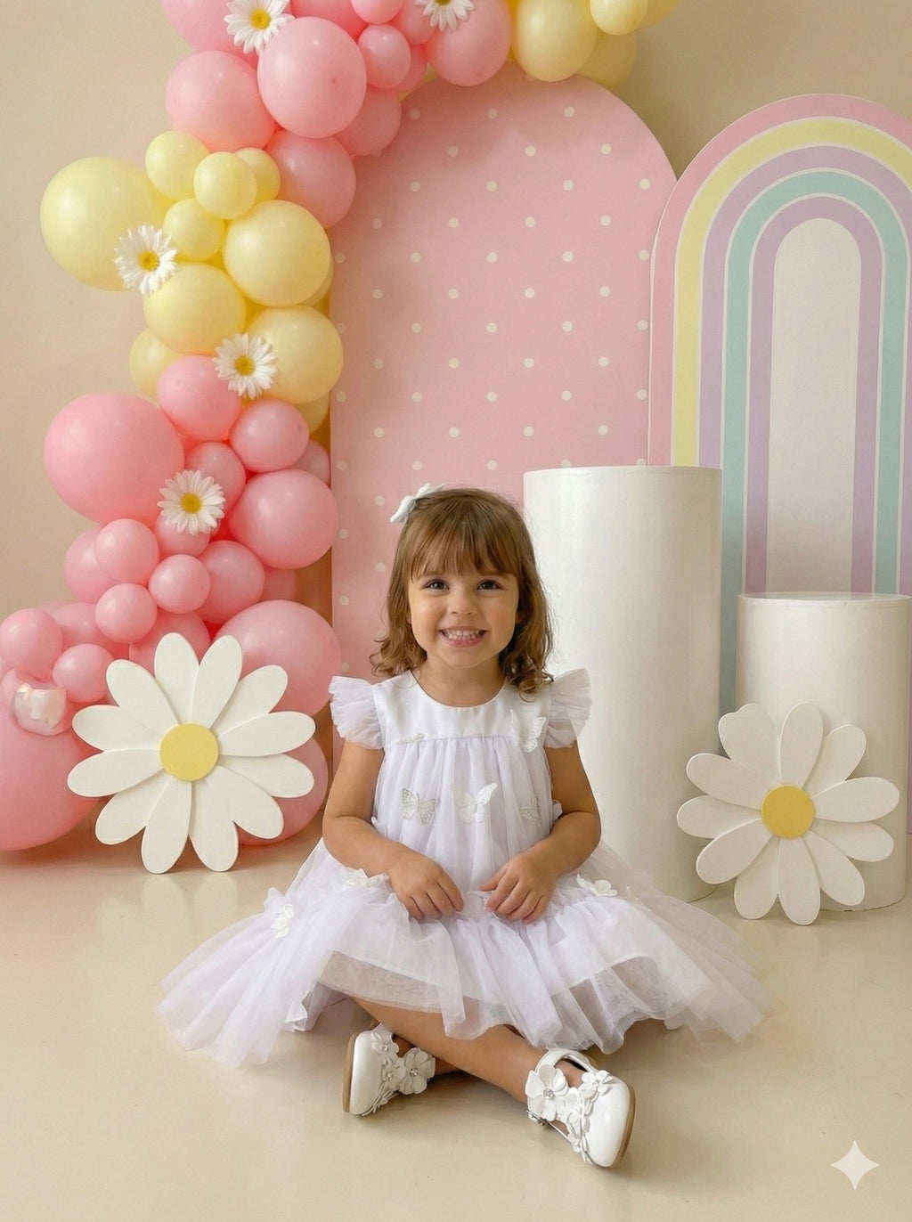 Vestido Infantil Luxo Jardim Encantado Branco em Tule para Bebê