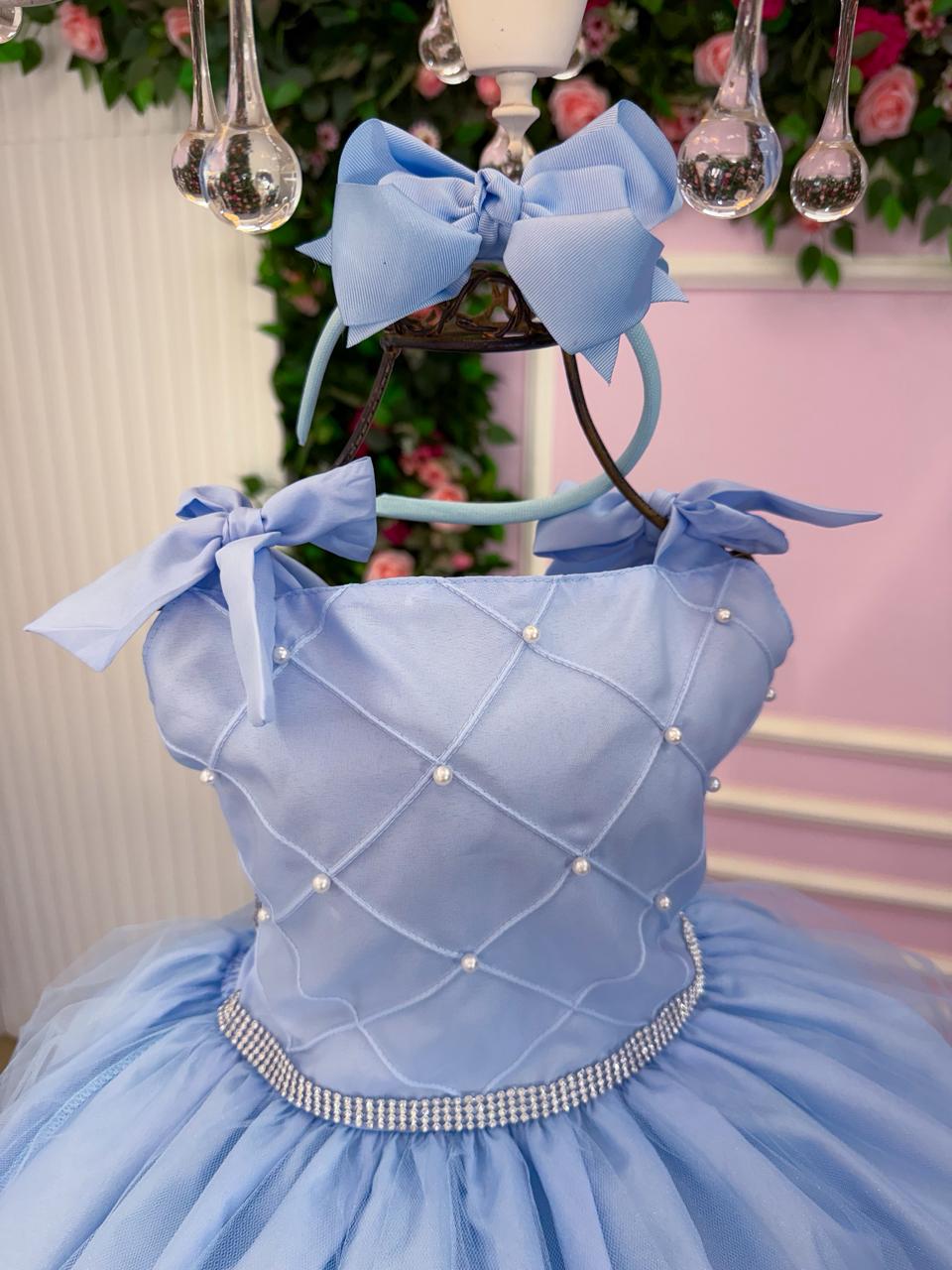 Vestido Infantil Azul Bebê em Tule com Detalhes de Pérolas