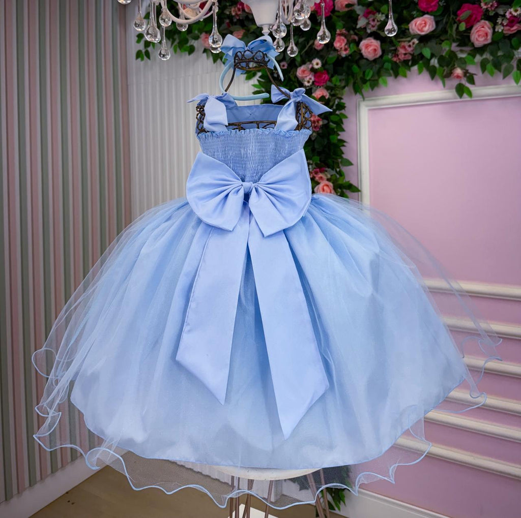 Vestido Infantil Azul Bebê em Tule com Detalhes de Pérolas
