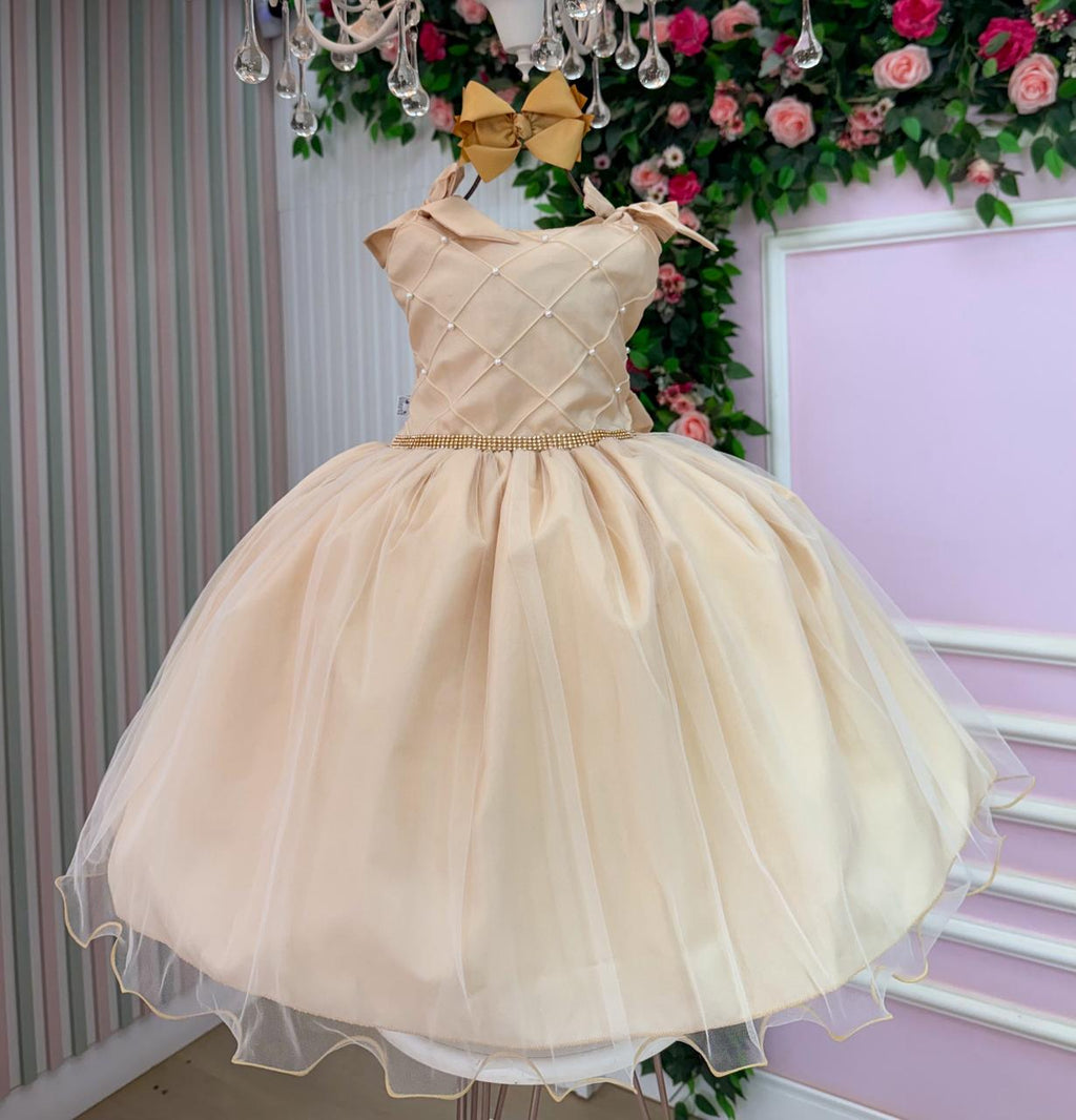 Vestido Infantil Dourado Mariely em Tule com Pérolas