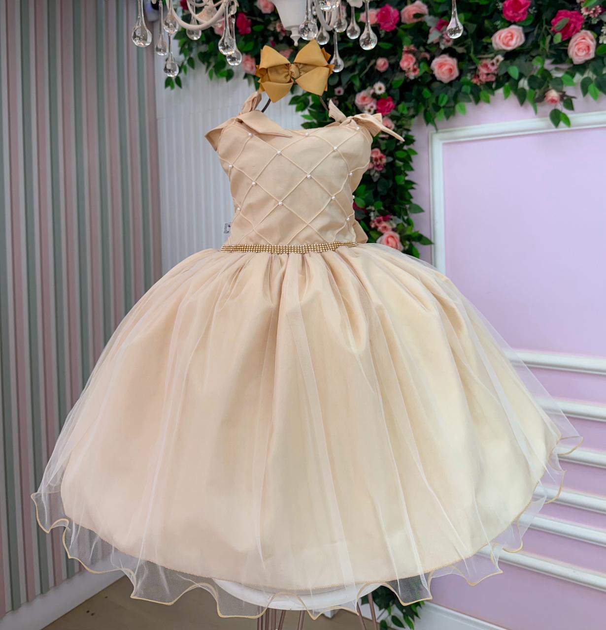 Vestido Infantil Dourado Mariely em Tule com Pérolas