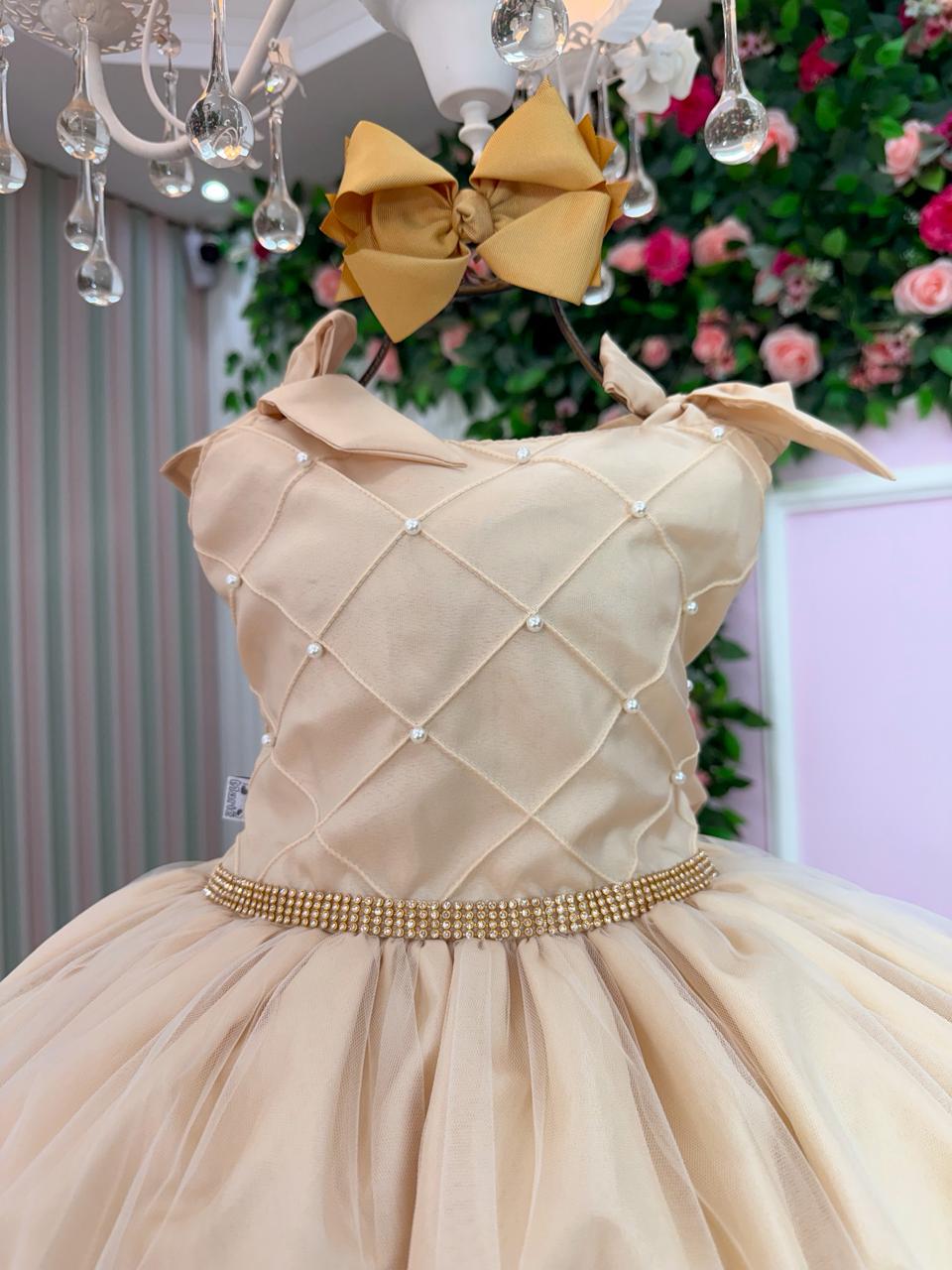 Vestido Infantil Dourado Mariely em Tule com Pérolas