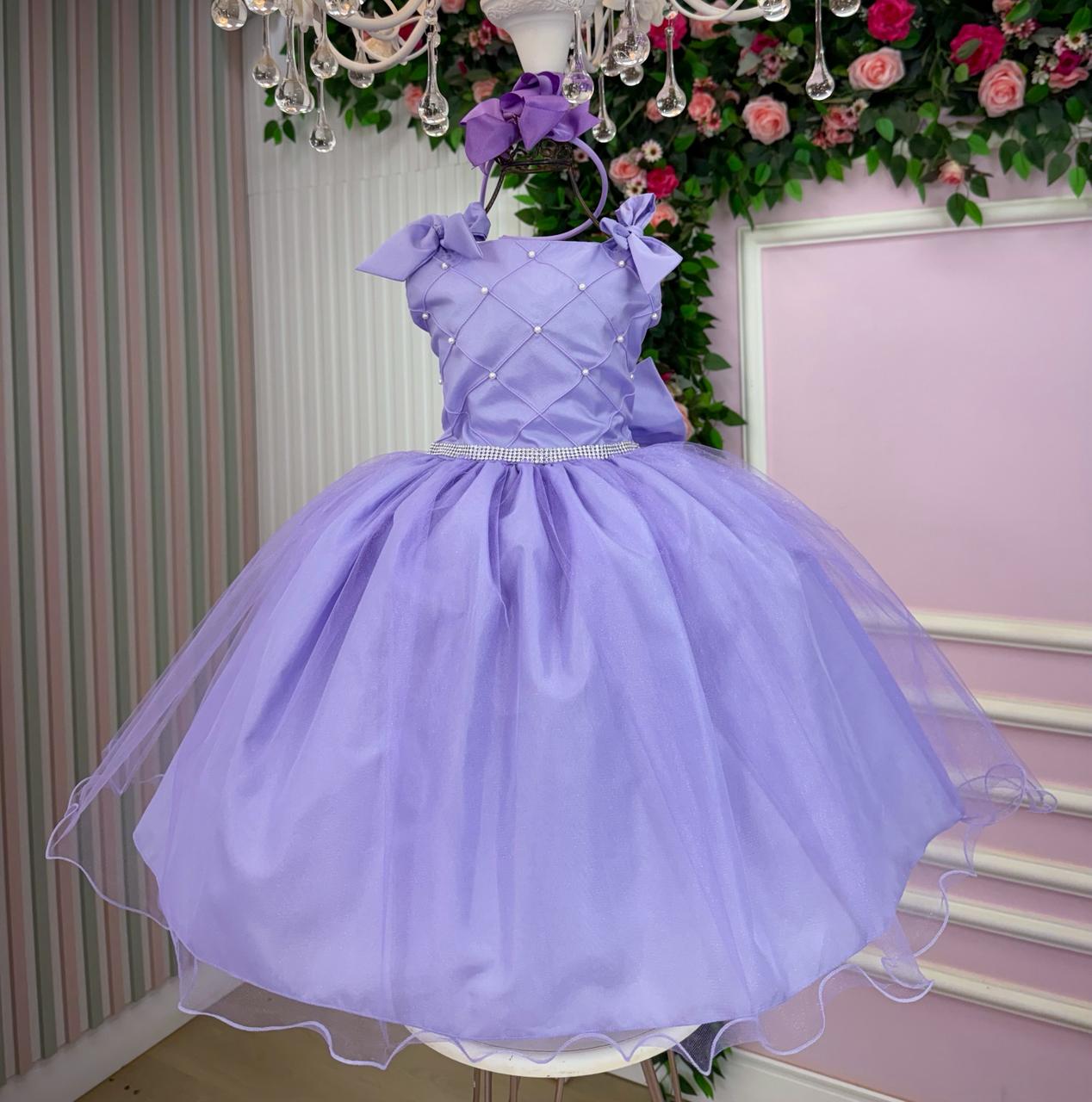Vestido Infantil Lilás em Tule com Pérolas e Alças Delicadas