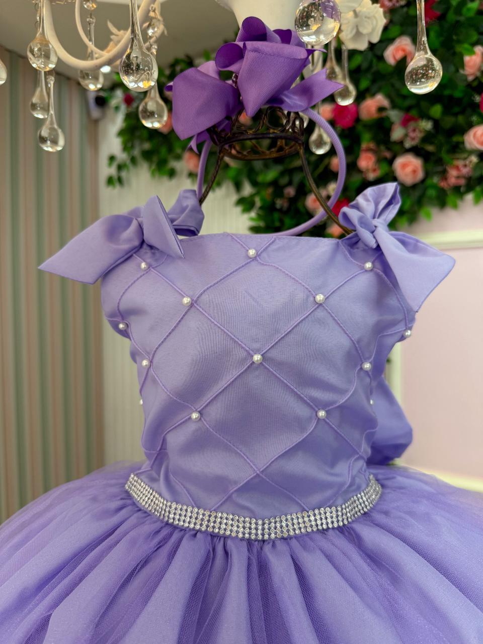 Vestido Infantil Lilás em Tule com Pérolas e Alças Delicadas