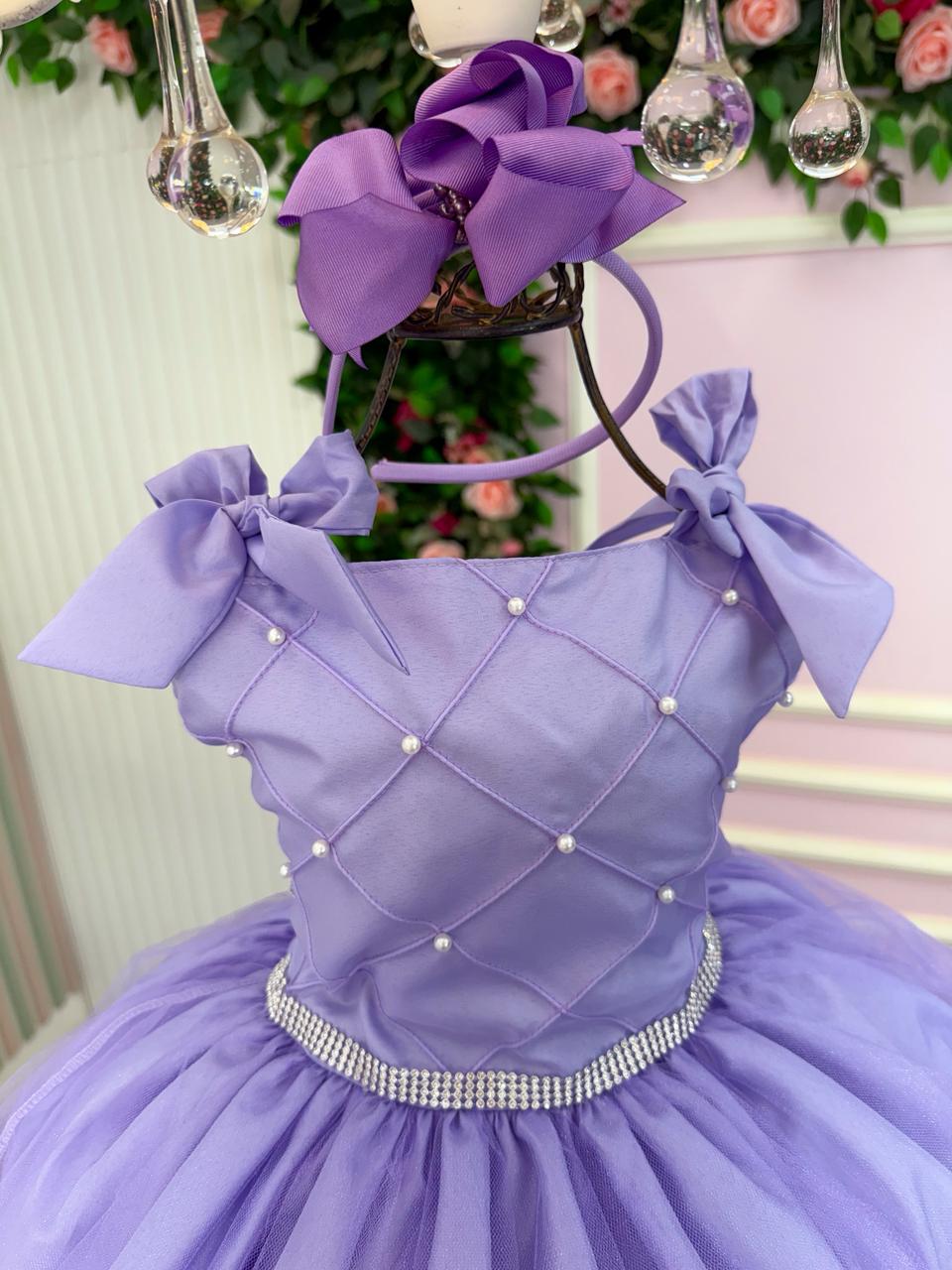 Vestido Infantil Lilás em Tule com Pérolas e Alças Delicadas