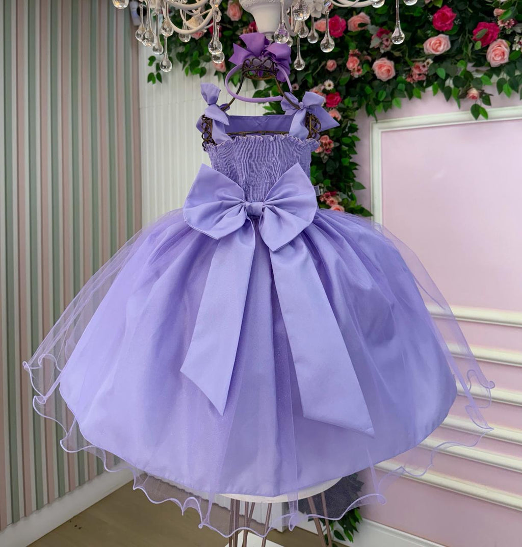 Vestido Infantil Lilás em Tule com Pérolas e Alças Delicadas