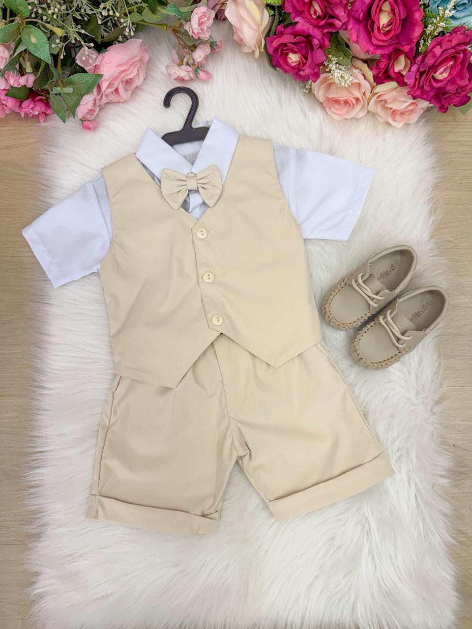Conjunto Social Infantil Bege com Colete e Bermuda para Eventos Especiais