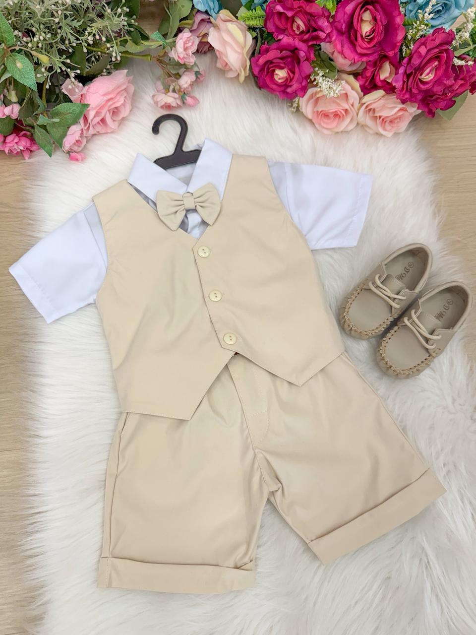 Conjunto Social Infantil Bege com Colete e Bermuda para Eventos Especiais