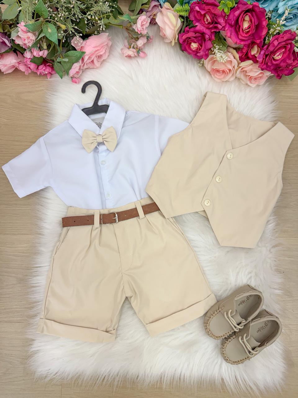 Conjunto Social Infantil Bege com Colete e Bermuda para Eventos Especiais